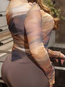 Lupita Cardoza Women's Asymmetric Neck Tie Dye Print Long Sleeve Fitted Fashion T-Shirt - Multicolor - View 4