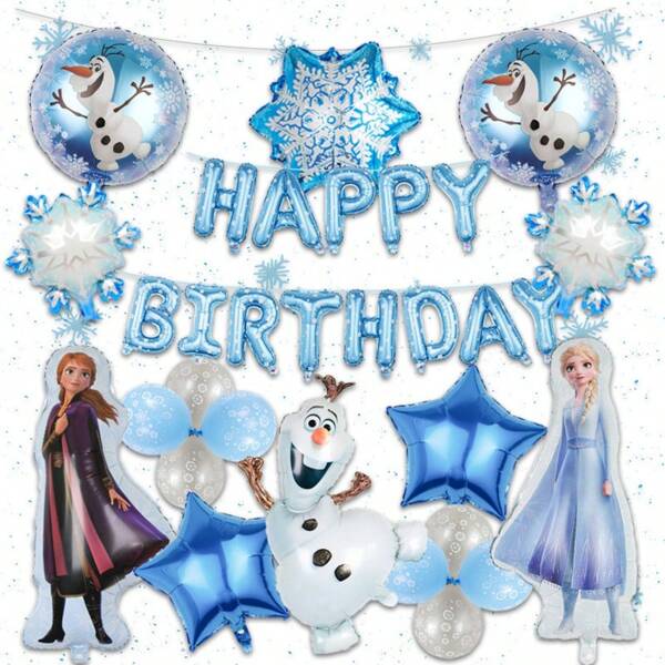 Disney 17pcs Frozen Princess Elsa Balloon Garland Set, For Indoor/Outdoor Party Decor, Thick Blue & Cartoon Design, Suitable For Birthday Party, Celebration Events, Photo Shoot, Mixed Color, Christmas Occasion, Oval Shape, No Power Needed, Aluminum Foil Balloon Material, Disney Brand