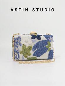 1pc Floral Sequin Decorated Clutch Bag, Elegant Party Purse, Romantic Blue Bridal Wedding Handbag, Luxury Shiny Evening Bag Suitable For Balls, Galas, Gifts With Detachable Chain - Blue - View 8