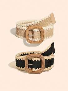 2pcs Plus Size XXL Bohemian Hollow Woven Rattan Women's Belts, Matching Casual Suits, Beach, Party Summer, School