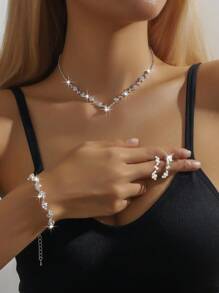 Juego de 4 piezas de accesorios de boda de novia con rhinestones plateados: collar, aretes, brazalete para mujeres