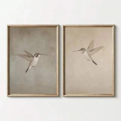 Set med 2 orammade vintage kolibri väggkonst kanvasposter minimalistisk retro fågel bondgårdsdekor rustik målning för lägenhet, vardagsrum, sovrum, modern heminredning