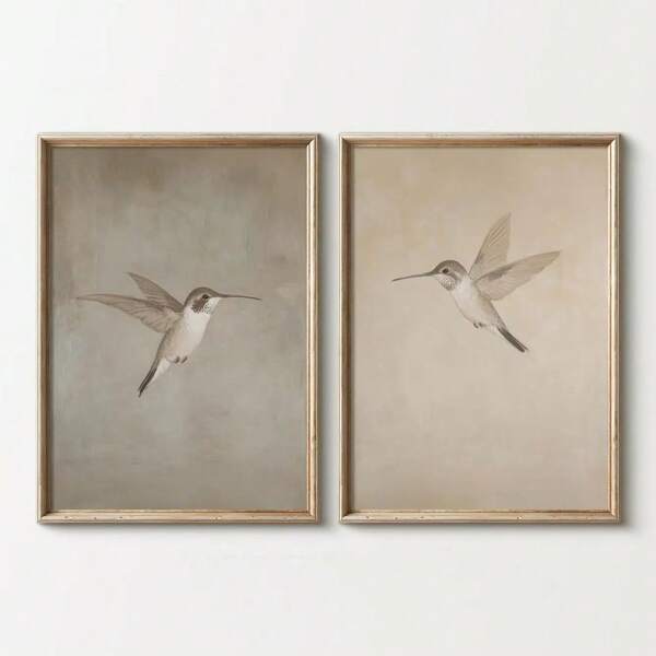 Set de 2 impresiones en lienzo de arte de pared de colibrí vintage sin marco, póster minimalista, decoración rústica de pájaro retro para apartamento, sala de estar, dormitorio, decoración moderna del hogar