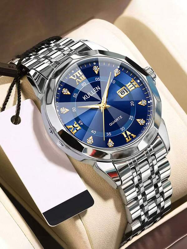 Relógio casual de negócios com calendário, pulseira e caixa de aço inoxidável, escala romana, quartzo, adequado para presentes de aniversário, presentes de formatura e outros melhores presentes de Natal para meninos