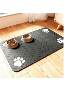 1 pieza Estera absorbente y antifugas para alimentación de perros y gatos con diseño de espiguilla y huella, de secado rápido y fácil de limpiar, ideal como regalo para amantes de perros y gatos, en color negro