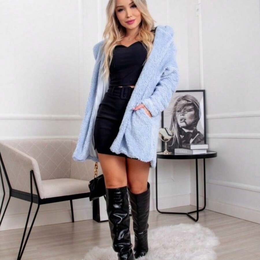 Women's Teddy Coat With Hood And Pocket For Winter - Màu xanh nhạt - Xem 1