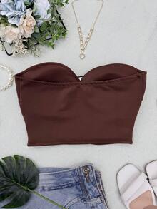 ELLIE Women's Strapless Crop Top With Button Details - 深棕色 - 查看 5
