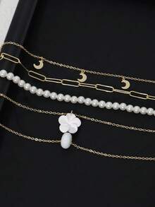 4pcs/Set Bohemian Starfish, Flower, Moon Pendant Imitated Pearl Multi-Layer Necklace Suit, Suitable For Ladies Summer Beach Party Holiday, Festival Gift - Multicolor - View 4