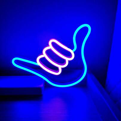 1 đèn neon hình bàn tay 666, đèn neon tạo không khí 666 thời trang, dùng nguồn USB và pin, thích hợp cho quán bar, phòng chờ, trang trí trong nhà, tăng cường không gian giải trí về đêm (Xanh dương + Hồng)