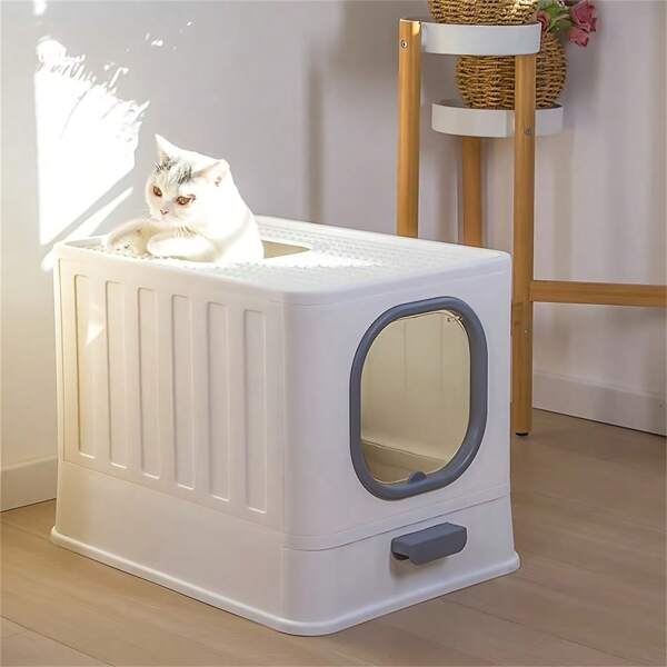 Cat Litter Tray Box: Hooded Cat Litter Box Enclosed, Large Kitty Toilet Box Tray Easy Cleaning Drawer Design, 39x38x51cm