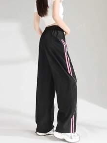 Casual Loose Drawstring Pocket Stitching Color Contrast Trousers,