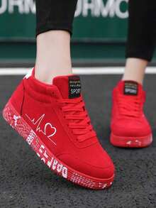 Unisex Sneakers, Red High-Top Lace-Up Flat Casual & Sport Skateboard Shoes, Outdoor Graffiti DIY Lightweight Luxury Solid Color Casual Shoes