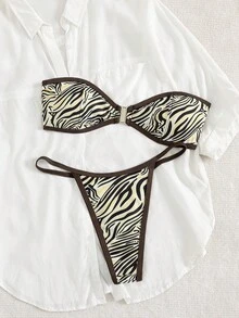 全新时尚性感条纹印花抹胸式女式比基尼泳装