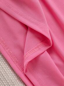 女童夏季甜美清凉露背褶饰修身高腰休闲T恤 - 粉色 - 查看 6