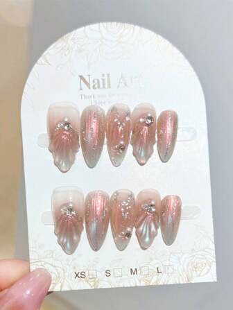 10 片美人鱼主题粉色按压指甲永不分裂舒适假指甲适合辣妹连衣裙搭配（水钻位置随机）美甲用品指甲