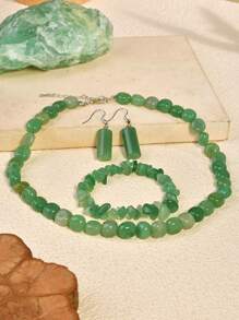 Conjunto de Joias de Pedra Natural Assimétrico Elegante, Colar de Contas Feito à Mão Vintage, Pulseira e Brincos, Joia de Pedra Preciosa Versátil, Presente para Mulheres, Adequado para o Dia das Mães e Feriados