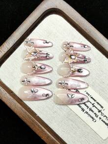 Handmade Nail Art Press-On Nails, Shiny, French Dual-Tone, 3D Butterfly Design, Rhinestones, Fashionable High-End Cat Eye Effect, Reusable For Women - Pink - View 3