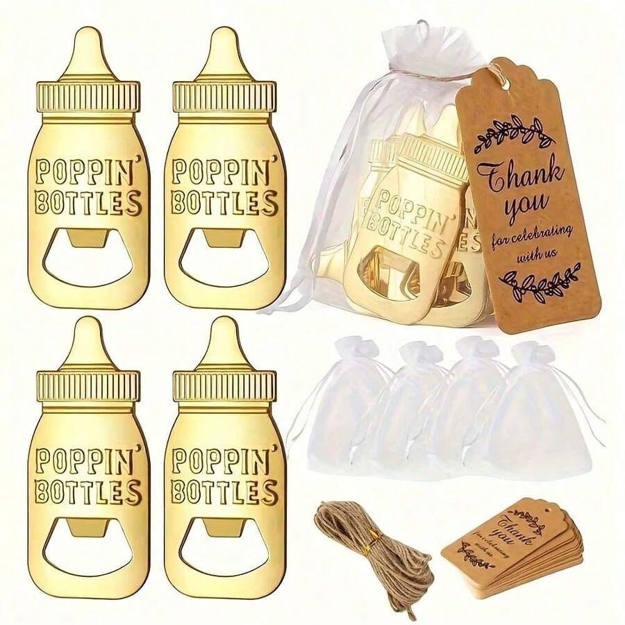 10pcs Baby Shower Favor Footprint Metal Keychain Bottle Openers With Organza Bags And Thank You Tags Baby Shower Family Decorations Gifts - Champagne - View 1