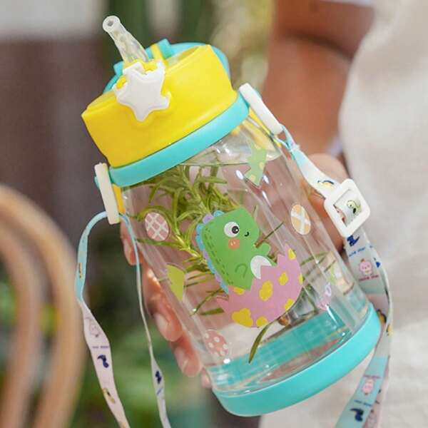 Cute Creative Cartoon Straw Water Cup 600ml Cartoon Plastic Cup Back Strap Water Bottle Antlers Large Capacity Straw Cups