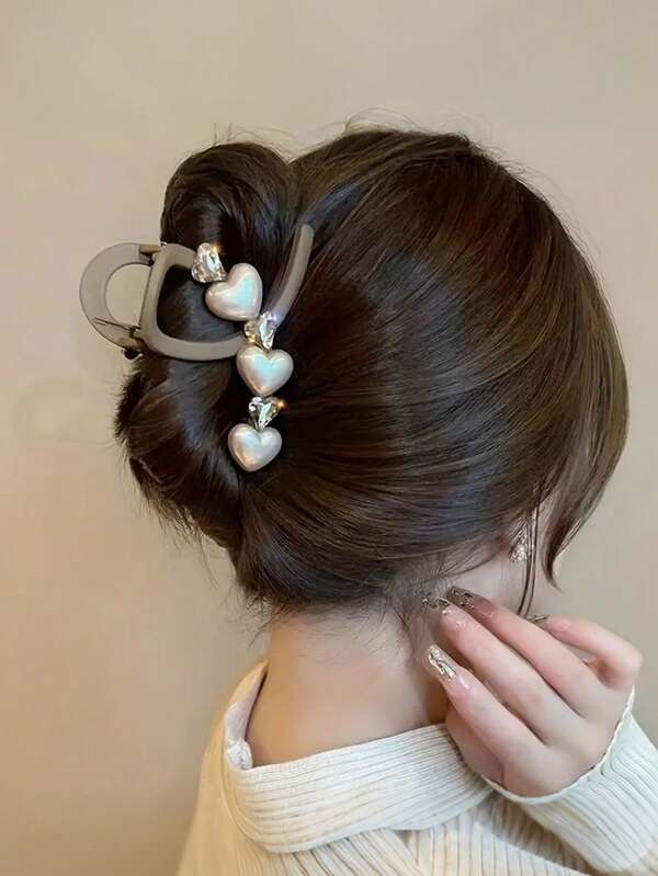 Elegant Heart-Shaped Faux Pearl And Rhinestone Hair Claws - Retro Style, Medium, Perfect Choice For Valentine's Day, Suitable For A Unique Gift For Yourself And Your Family Fashion Hair Accessories Beauty Claw Clips Elegant Hair Clip