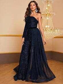 YISIKADO Women's Sequin One-Shoulder Sleeve Jumpsuit, Party & Evening Dress - Navy Blue - View 5