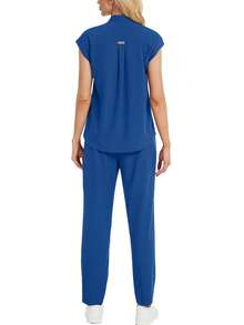 2件套素色翻领上衣和裤子护士服套装 春季 - 藍色 - 查看 3