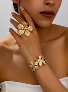 2 pièces/Set de parure vintage élégante composé d'un bracelet et d'une bague en métal avec fleur, convient pour les vacances, le port quotidien, les fêtes et les galas