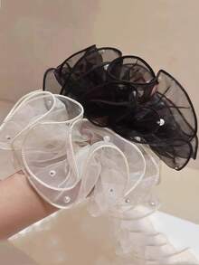 1pc Women's French Retro Organza Pearl Hair Scrunchie, Fashionable High-End Hair Accessory, Mesh Hair Decoration ,Ponytail Holders ,Hair Elastics ,Hair Rubber Bands ,Hair Rope ,Elastic Hair Tie - Black and White - View 1