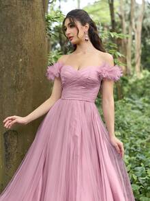 Faeriesty Luxe 优雅露肩网纱晚礼服，高开衩设计 | 适合正式晚宴、森林绿婚礼和盛大舞会等场合 - 藕粉色 - 查看 7