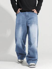 1 pieza Jeans de pierna ancha con lavado retro estilo calle moda suelta para hombres - Azul - Ver 3