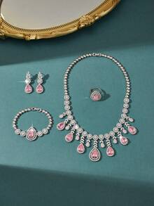 5件套奢华首饰套装：项链、耳环、戒指、手链，饰以粉色水滴形人造锆石，适合中东派对、宴会、日常佩戴、搭配礼服、婚礼等场合。 - 四件套 - 查看 3