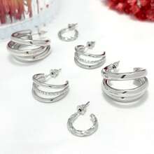Kit 3 Pairs Of Wonderful Triple Hoop Earrings + Three Hoop Earrings + Mobius Earrings Plated In 18k Gold And 925 Silver. - Bạc - Xem 6