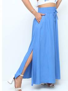 Saia Longa Feminina com Bolsos e Cós Alto – Verde Menta, Tecido Leve, Casual Elegante - Azul celeste - Visão 4