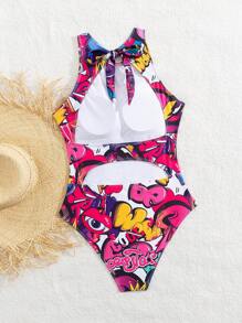 Maiô feminino sexy com costas nuas e letras gráficas, para férias de verão