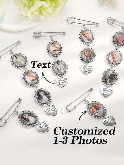 A Personalized Wedding Photo Brooch Pendant, A Custom Commemorative Photo Pin, A Blue Gemstone Lapel Pin, A Bridal Bouquet Pendant, And A Pin To Remember A Loved One.