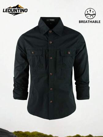 LEDUNTINO [Primăvara/Vara] Cămașă casual pentru exterior cu nasturi pentru bărbați, îmbrăcăminte sport, culoare solidă, stil cargo, cadou pentru iubit, cămașă cu mânecă lungă pentru bărbați pentru primăvară și toamnă, cu mai multe buzunare, guler cu rever, primăvară/toamnă