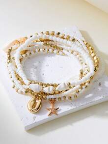 8pcs Fashionable Premium Versatile Niche Design Simple Multi-Layer Anklet Set, Cube Metal With Rice Pearl Beads, Starfish & Sea Shell Pendant, Mix-Match Suitable For All Occasions, Gift Choice - Multicolor - View 4