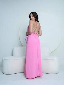 Women's Long Dress Side Slit Crossed Back Thin Strap V-Neck Bodice Elegant Party - 淺粉色 - 查看 3