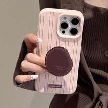 GUCADI 1pc Vertical Striped Elegant Protective Case With Coffee Bean Holder, Retro Brown Holder, High-Quality Gift Compatible With IPhone 16/15/14/13/12 Series, Anti-Drop Waterproof Shockproof Scratch Resistant - Pink - View 5