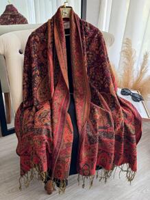 1pc Women's Multicolor Retro Jacquard Paisley Bohemian Style Long Tassel Windproof Shawl Scarf, Suitable For Daily Outings, Traveling, And Photo Shoots Boho
