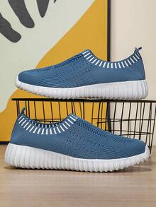 女士透气针织运动鞋休闲系带户外鞋轻便纯色鞋个性化舒适简约 EVA 女鞋 - 寶藍色 - 查看 3