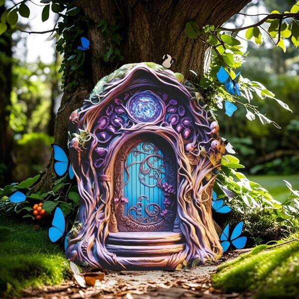 1 pièce Décoration de jardin en bois à deux niveaux, ornement de paysage miniature avec porte de fée et trou d'arbre