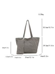 Bolso de gran capacidad de estilo casual a rayas, bolso de compras, vacaciones y escuela, set de 2 piezas con monedero y dije