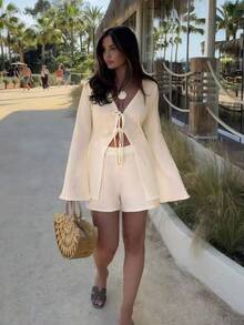 2Pcs Set Casual Solid Color Bohemian Knotted Long Sleeve Top And Shorts Set, Suitable For Beach, Date Night, Office, Streetwear, Summer - Apricot - View 2