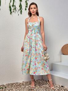 PARTHEA 挂脖系带花卉印花紧身褶饰连衣裙 - 藍色 - 查看 3