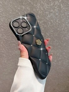 水钻装饰透明全覆盖防摔手机壳适用于 17 Pro Max/17 Pro/17 Air/17/16 Pro Max/16/16 Pro/16 Plus/16E/15/15 Pro Max/15 Pro/15 Plus/11/12/13/14/14 Pro Max/14 Pro/13 Pro Max/XS/XS Max/XR/7 Plus，优雅 - 黑色+金屬花 - 查看 6