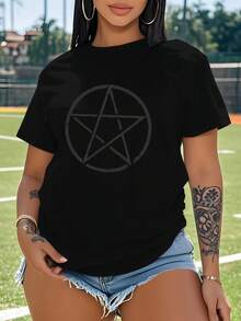 Star Large Black Pentagram  Women's Plus Size Sports Short Sleeve Casual T-Shirt, Free Shipping - Black - View 1