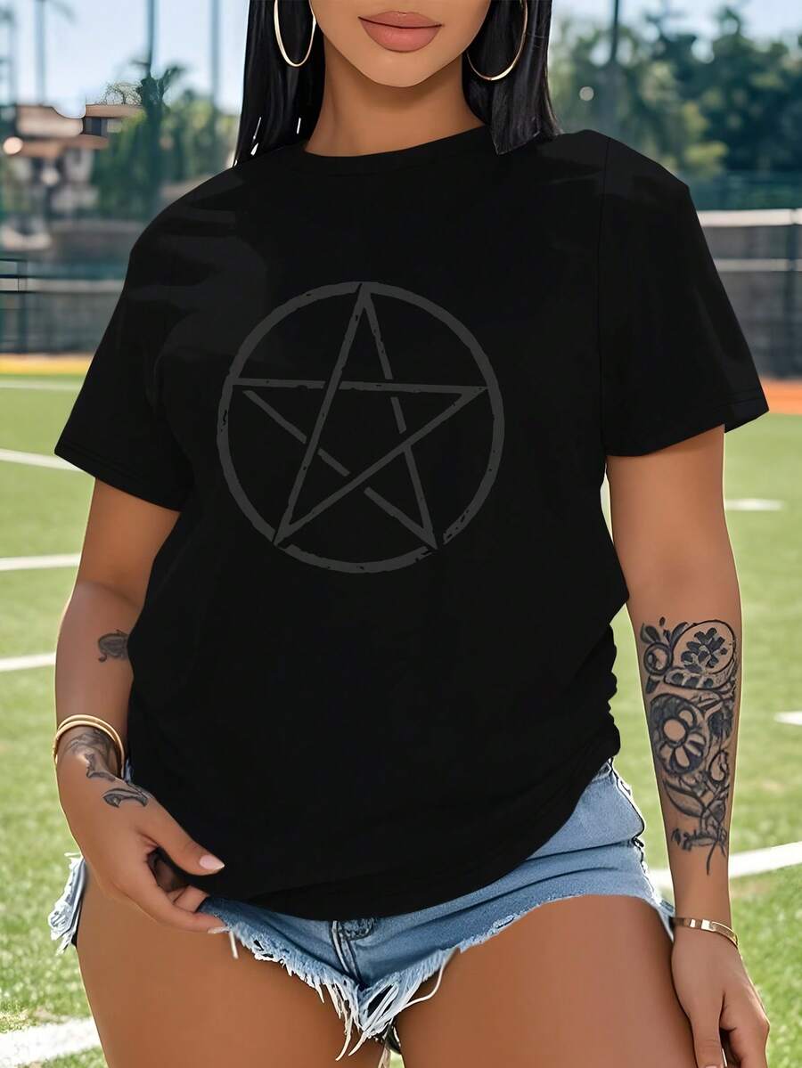 Star Large Black Pentagram Women's Plus Size Sports Short Sleeve Casual T-Shirt, Free Shipping - Black - View 1