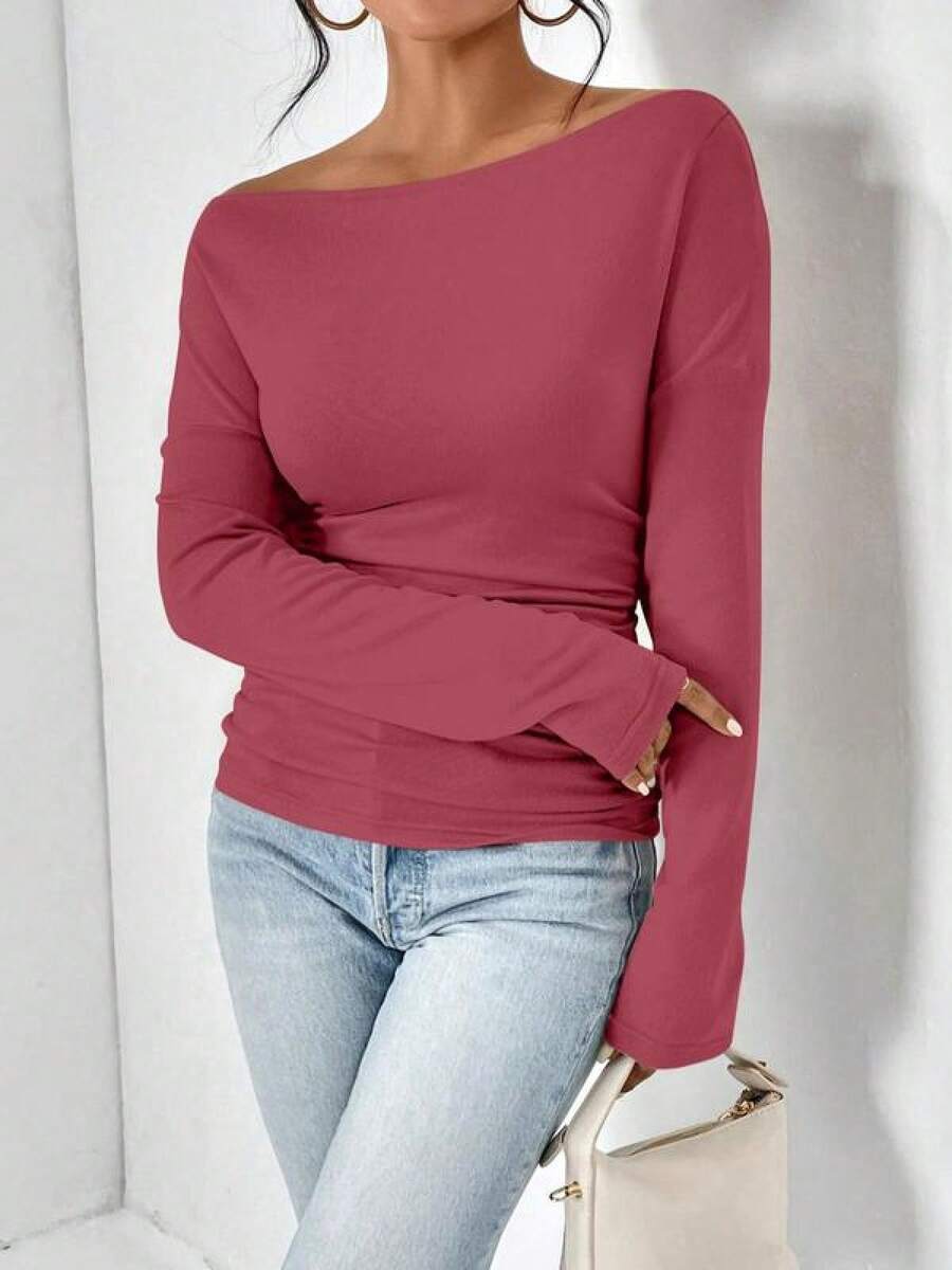 Women's Plain Minimalist Basic Ruched Asymmetrical Neck Drop Shoulder Tee, Elegance Mufti Clothes, Fall Long Sleeve T-Shirt For Everyday, Back To School T Shirts, Lady Clothes For Streetwear, Womenswear, Casual Wear - 紫色 - 查看 1