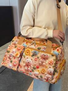 1pc Teddy Bear Graphic Travel Luggage Bag, Large Capacity With Separate Shoe Compartment, Wet Dry Divider Bag, Detachable Adjustable Shoulder Strap, Suitable For Travel, Swimming, Fitness And Sports - Yellow - View 5